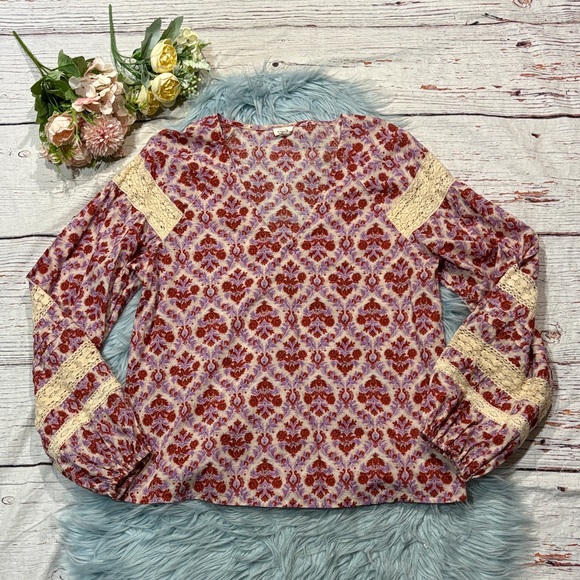 Eze Sur Mer Anthropologie women's multicolored floral long-sleeved blouse - Picture 2 of 8